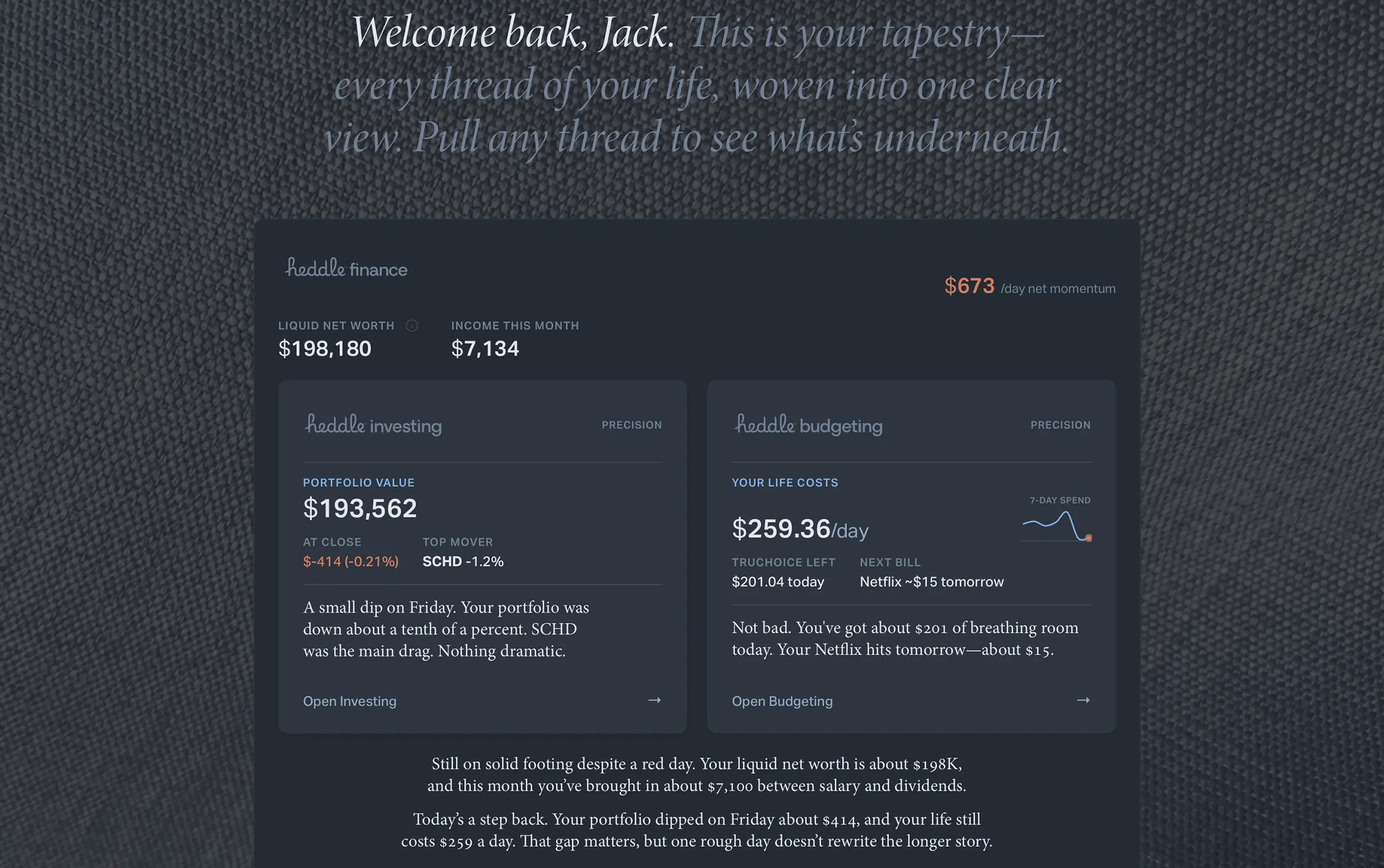 Heddle portal dashboard showing Investing and Budgeting products